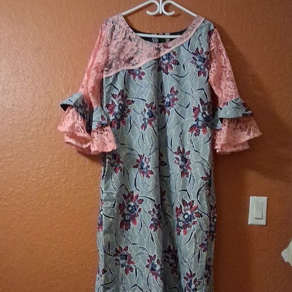 Floral Dress with Pink Lace Sleeves